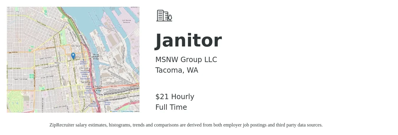 MSNW Group LLC job posting for a Janitor in Tacoma, WA with a salary of $22 to $23 Hourly with a map of Tacoma location.