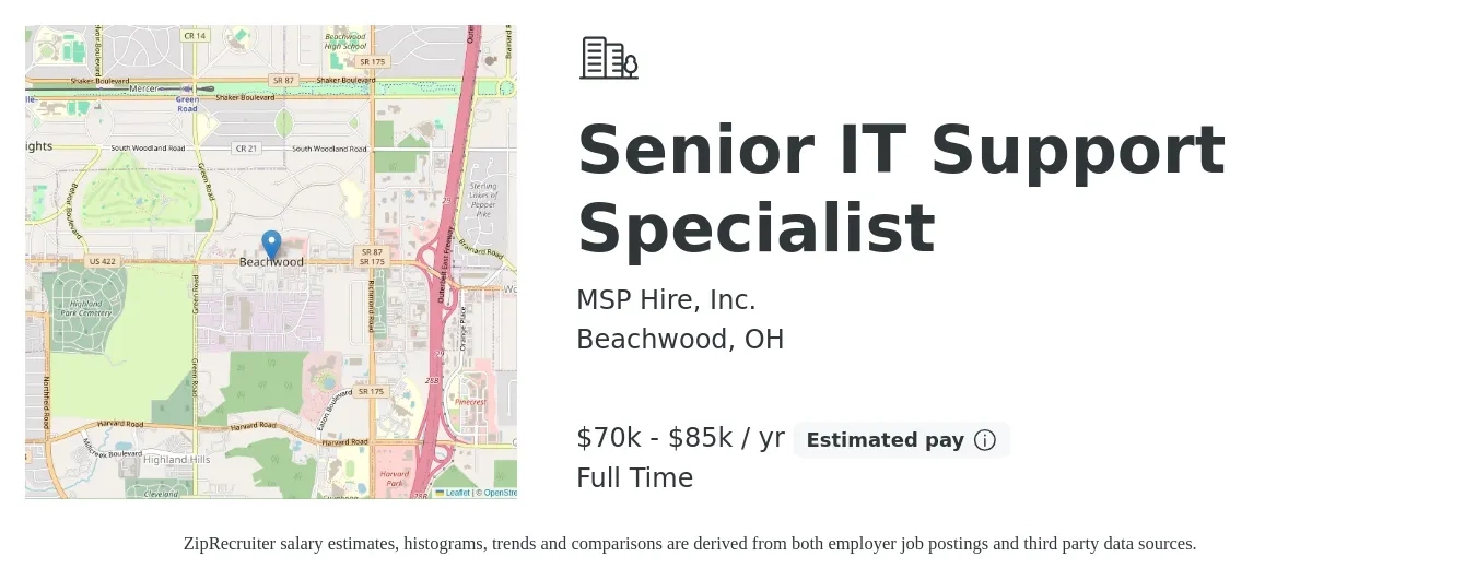 MSP Hire, Inc. job posting for a Senior IT Support Specialist in Beachwood, OH with a salary of $70,000 to $85,000 Yearly with a map of Beachwood location.