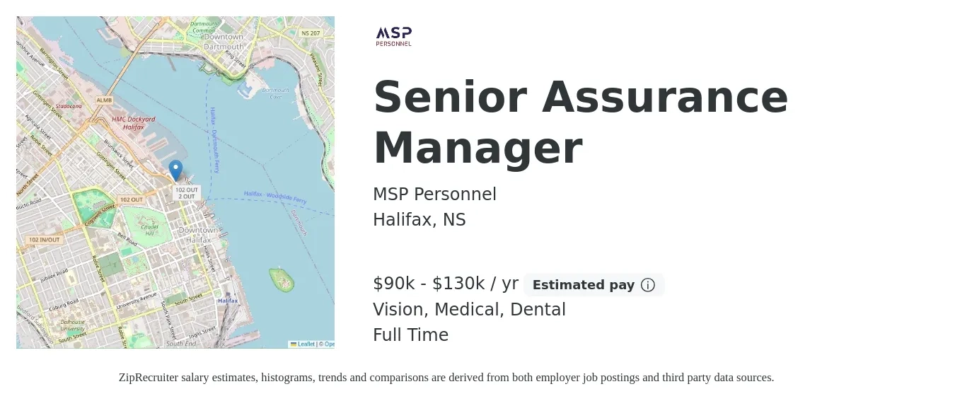 MSP Personnel job posting for a Senior Assurance Manager in Halifax, NS with a salary of $90,000 to $130,000 Yearly and benefits including dental, medical, pto, retirement, and vision with a map of Halifax location.