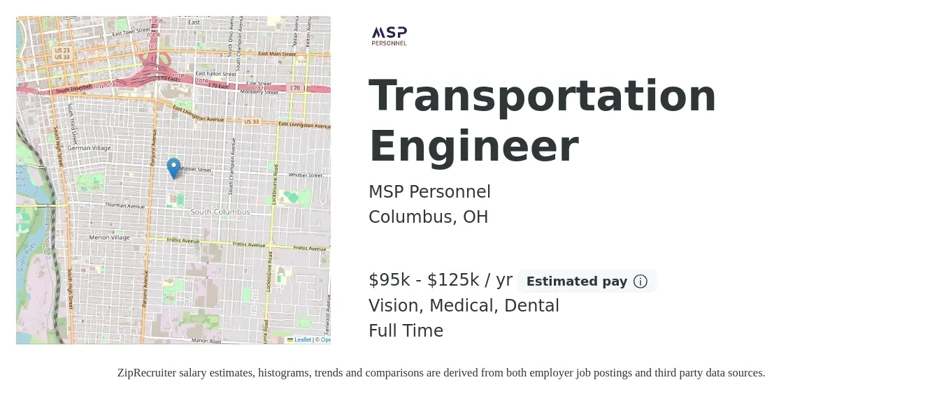 MSP Personnel job posting for a Transportation Engineer in Columbus, OH with a salary of $95,000 to $125,000 Yearly and benefits including pto, retirement, vision, dental, and medical with a map of Columbus location.