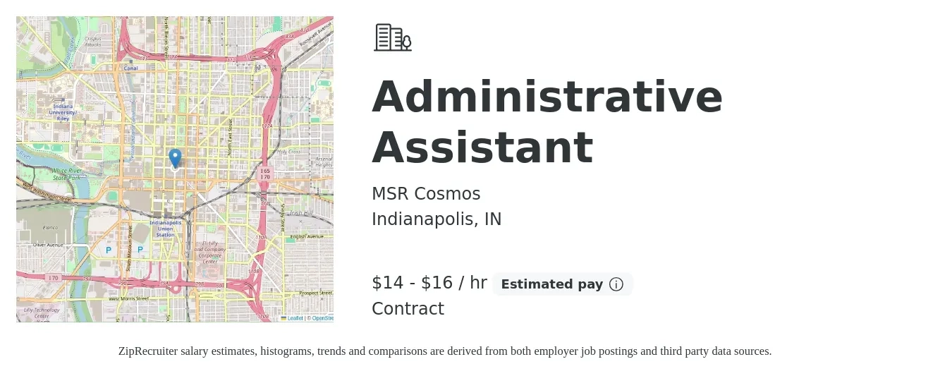 MSR Cosmos job posting for a Administrative Assistant in Indianapolis, IN with a salary of $15 to $17 Hourly with a map of Indianapolis location.
