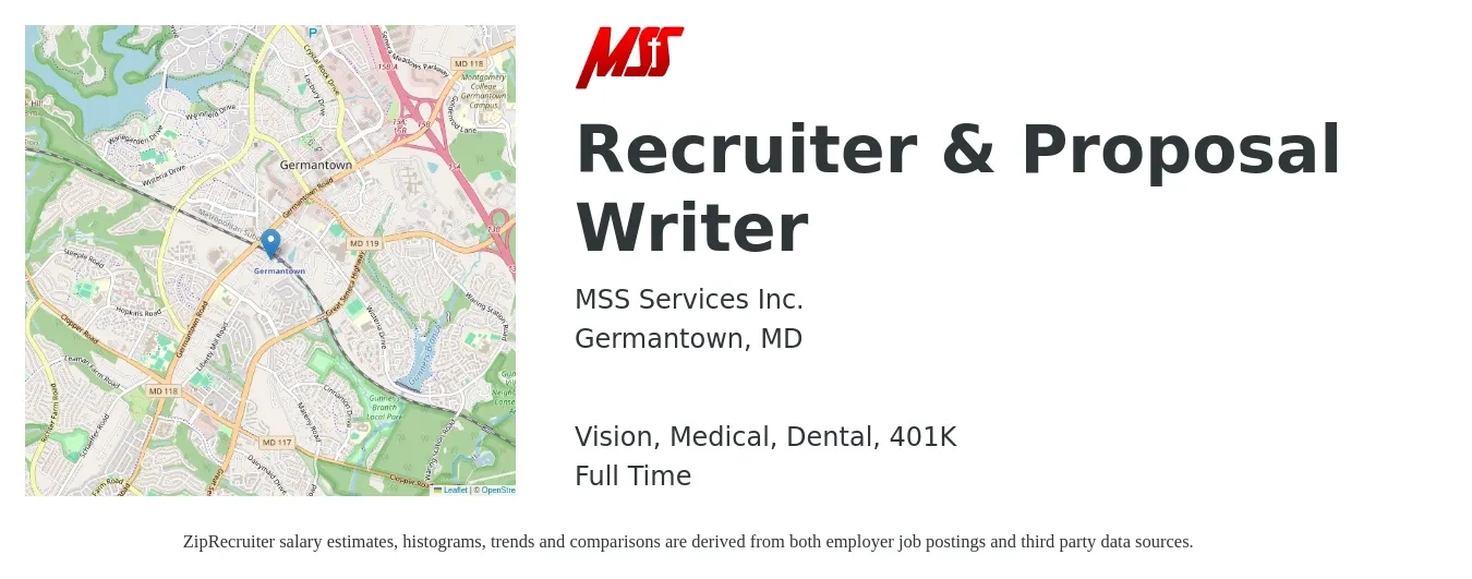 MSS Services Inc. job posting for a Recruiter & Proposal Writer in Germantown, MD with a salary of $64,200 to $91,500 Yearly and benefits including 401k, dental, medical, and vision with a map of Germantown location.