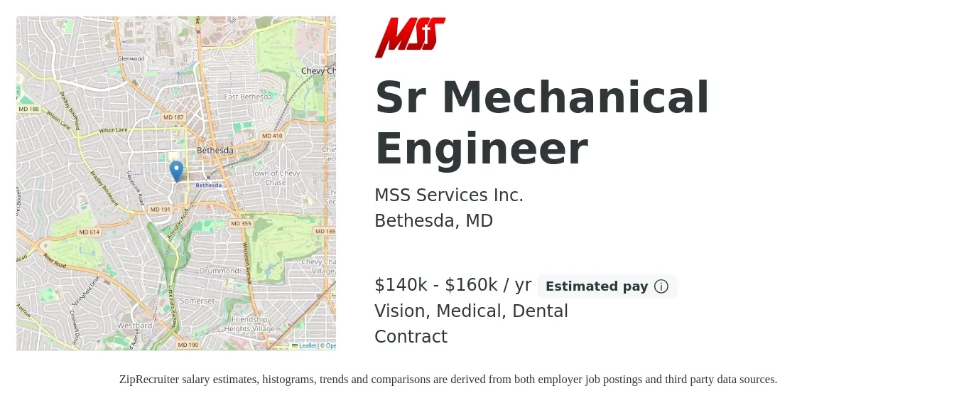 MSS Services Inc. job posting for a Sr Mechanical Engineer in Bethesda, MD with a salary of $140,000 to $160,000 Yearly and benefits including life_insurance, medical, retirement, vision, and dental with a map of Bethesda location.