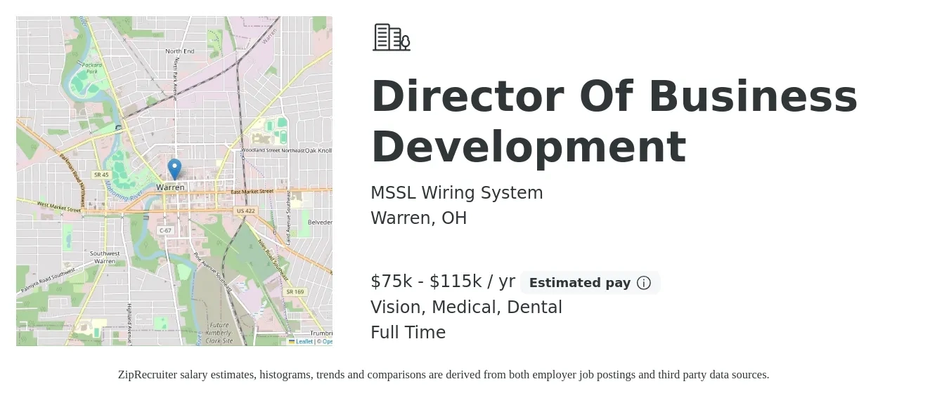 MSSL Wiring System job posting for a Director Of Business Development in Warren, OH with a salary of $75,000 to $115,000 Yearly and benefits including dental, life_insurance, medical, retirement, and vision with a map of Warren location.