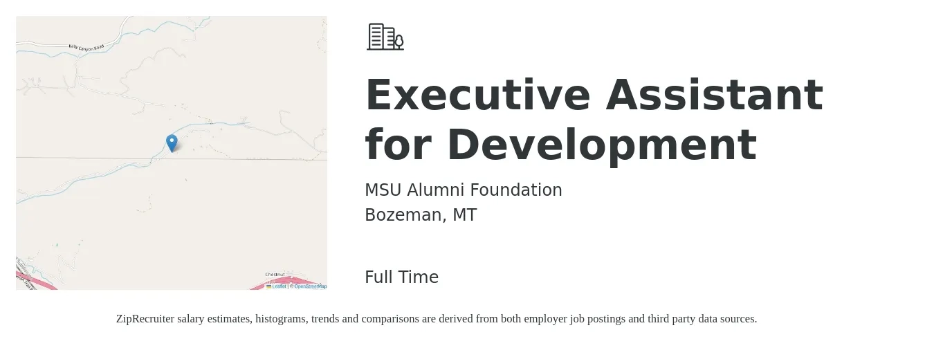 MSU Alumni Foundation job posting for a Executive Assistant for Development in Bozeman, MT with a salary of $54,100 to $81,200 Yearly with a map of Bozeman location.