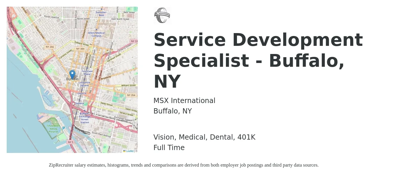 MSX International job posting for a Service Development Specialist - Buffalo, NY in Buffalo, NY with a salary of $52,300 to $76,000 Yearly and benefits including life_insurance, medical, vision, 401k, and dental with a map of Buffalo location.