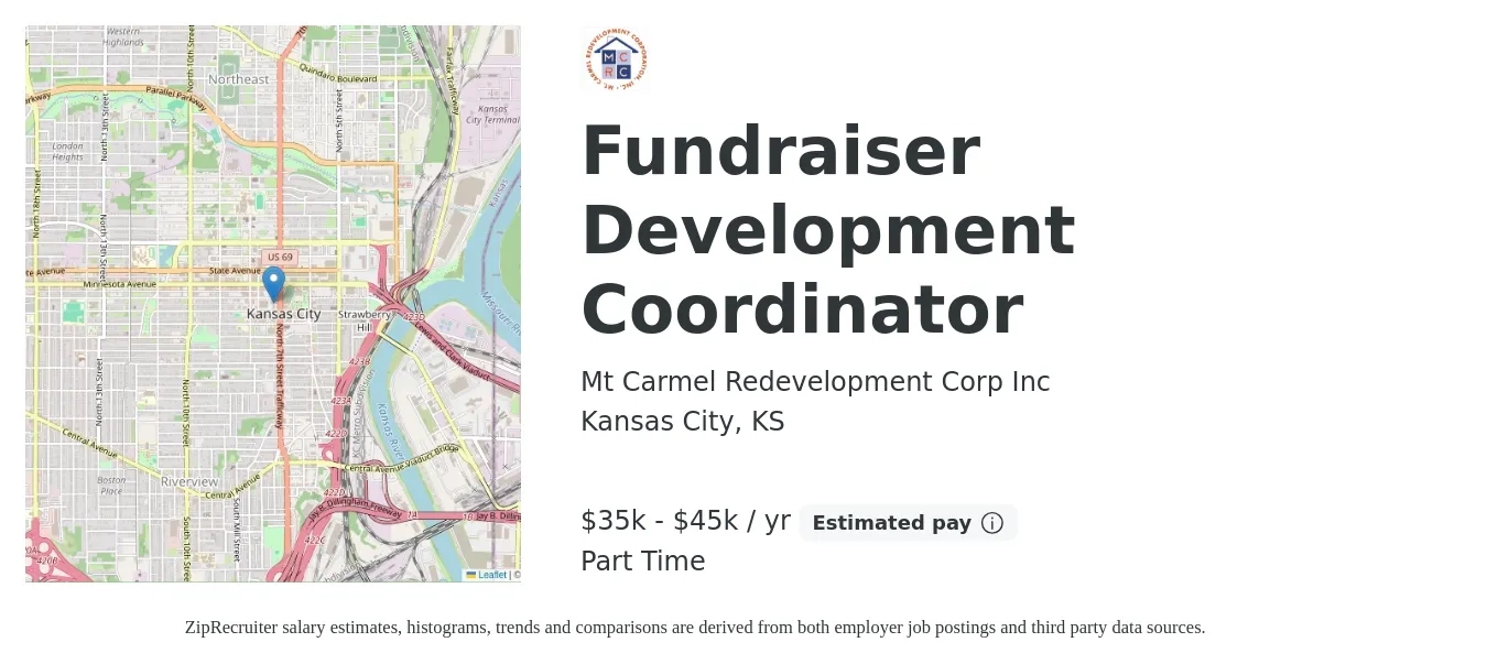 Mt Carmel Redevelopment Corp Inc job posting for a Fundraiser Development Coordinator in Kansas City, KS with a salary of $35,000 to $45,000 Yearly and benefits including pto with a map of Kansas City location.