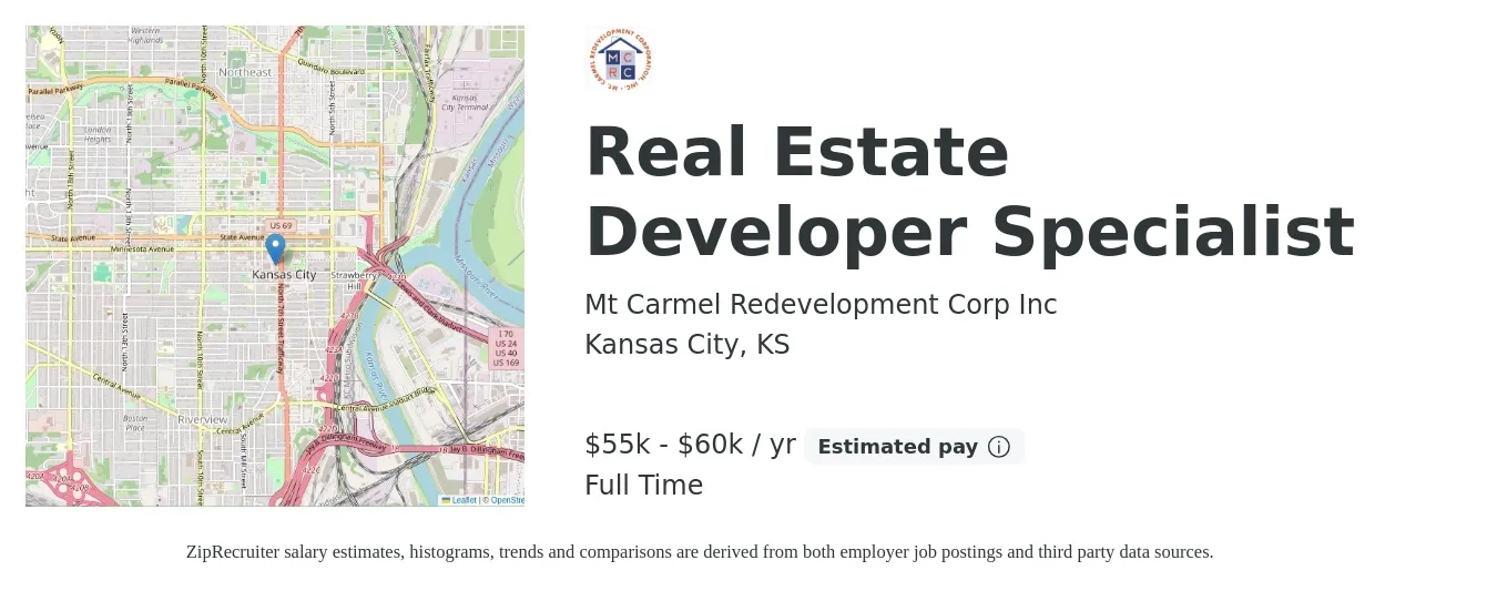 Mt Carmel Redevelopment Corp Inc job posting for a Real Estate Developer Specialist in Kansas City, KS with a salary of $55,000 to $60,000 Yearly and benefits including pto with a map of Kansas City location.