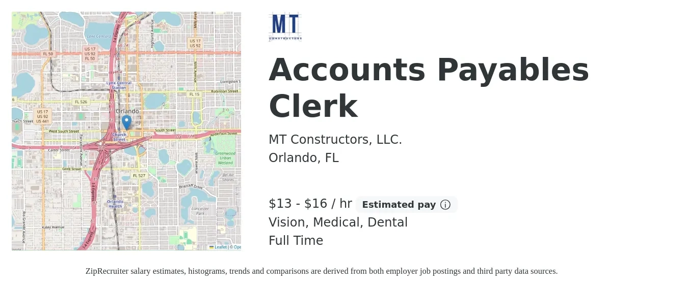 MT Constructors, LLC. job posting for a Accounts Payables Clerk in Orlando, FL with a salary of $14 to $17 Hourly and benefits including dental, life_insurance, medical, pto, and vision with a map of Orlando location.