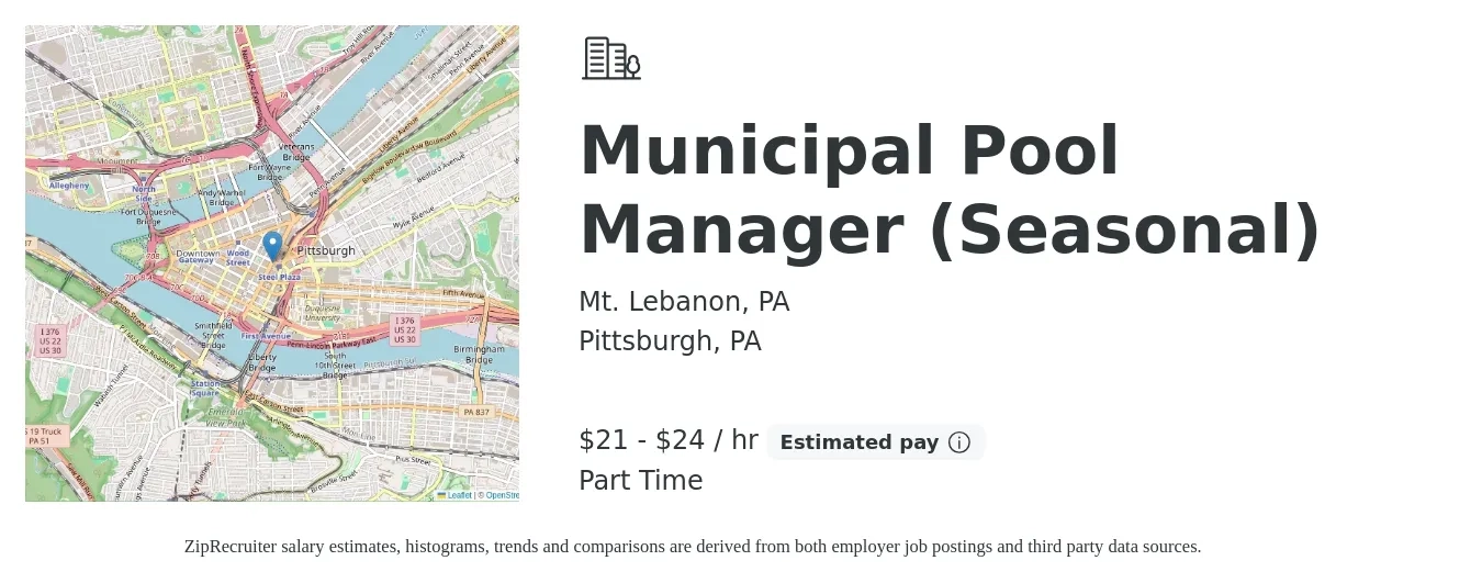 Mt. Lebanon, PA job posting for a Municipal Pool Manager (Seasonal) in Pittsburgh, PA with a salary of $22 to $25 Hourly with a map of Pittsburgh location.