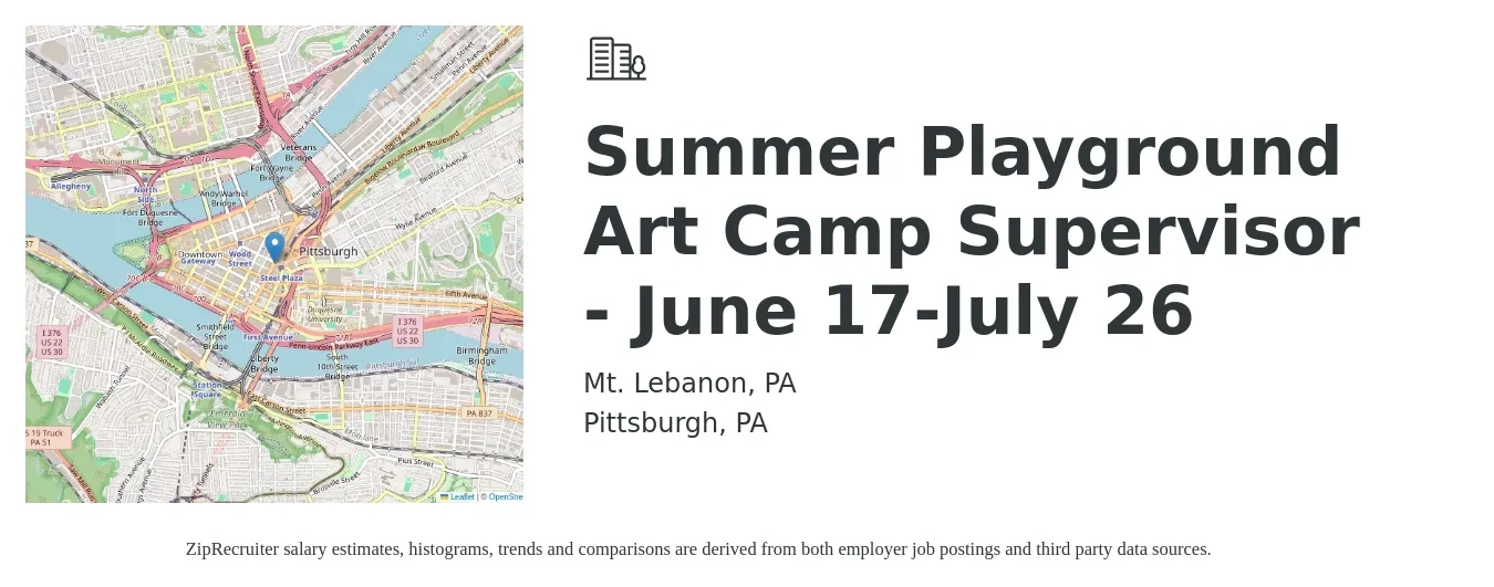 Mt. Lebanon, PA job posting for a Summer Playground Art Camp Supervisor - June 17-July 26 in Pittsburgh, PA with a salary of $12 to $15 Hourly with a map of Pittsburgh location.