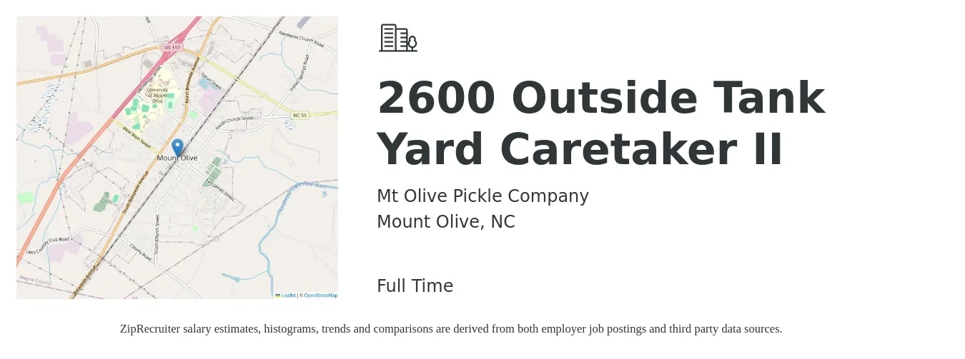 Mt Olive Pickle Company job posting for a 2600 Outside Tank Yard Caretaker II in Mount Olive, NC with a salary of $12 to $19 Hourly with a map of Mount Olive location.
