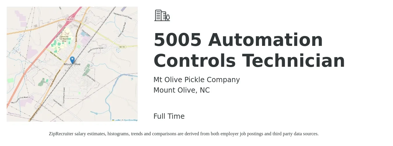 Mt Olive Pickle Company job posting for a 5005 Automation Controls Technician in Mount Olive, NC with a salary of $38,100 Yearly with a map of Mount Olive location.