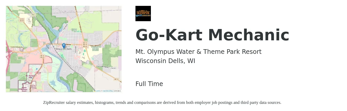 Mt. Olympus Water & Theme Park Resort job posting for a Go-Kart Mechanic in Wisconsin Dells, WI with a salary of $18 to $28 Hourly with a map of Wisconsin Dells location.