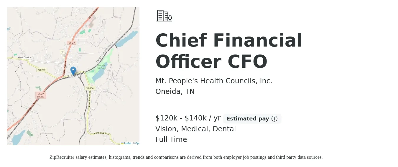 Mt. People's Health Councils, Inc. job posting for a Chief Financial Officer CFO in Oneida, TN with a salary of $120,000 to $140,000 Yearly and benefits including dental, life_insurance, medical, pto, retirement, and vision with a map of Oneida location.