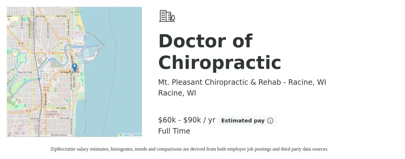 Mt. Pleasant Chiropractic & Rehab - Racine, WI job posting for a Doctor of Chiropractic in Racine, WI with a salary of $60,000 to $90,000 Yearly with a map of Racine location.