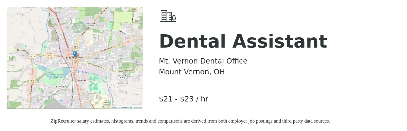 Mt. Vernon Dental Office job posting for a Dental Assistant in Mount Vernon, OH with a salary of $22 to $24 Hourly with a map of Mount Vernon location.