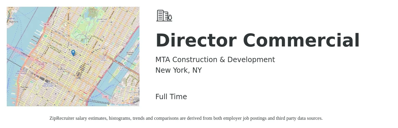 MTA Construction & Development job posting for a Director Commercial in New York, NY with a salary of $124,355 to $163,216 Yearly with a map of New York location.