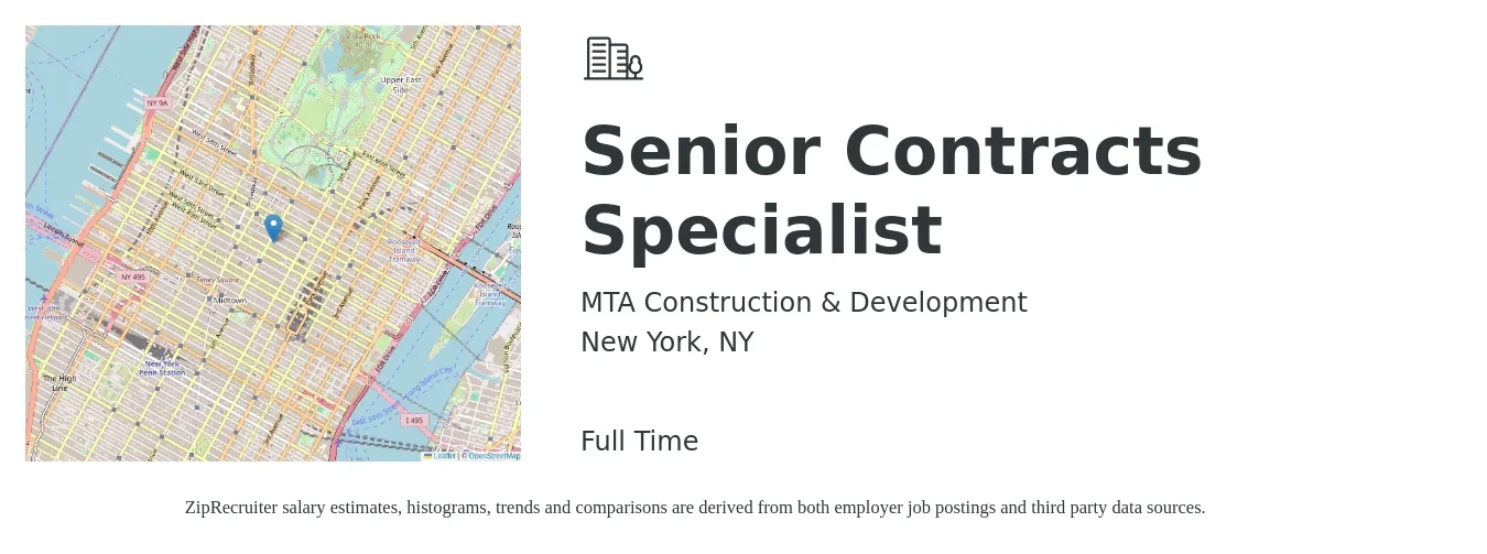 MTA Construction & Development job posting for a Senior Contracts Specialist in New York, NY with a salary of $79,694 to $104,599 Yearly with a map of New York location.