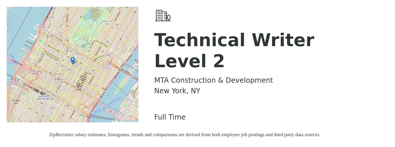 MTA Construction & Development job posting for a Technical Writer Level 2 in New York, NY with a salary of $75,306 to $98,839 Yearly with a map of New York location.