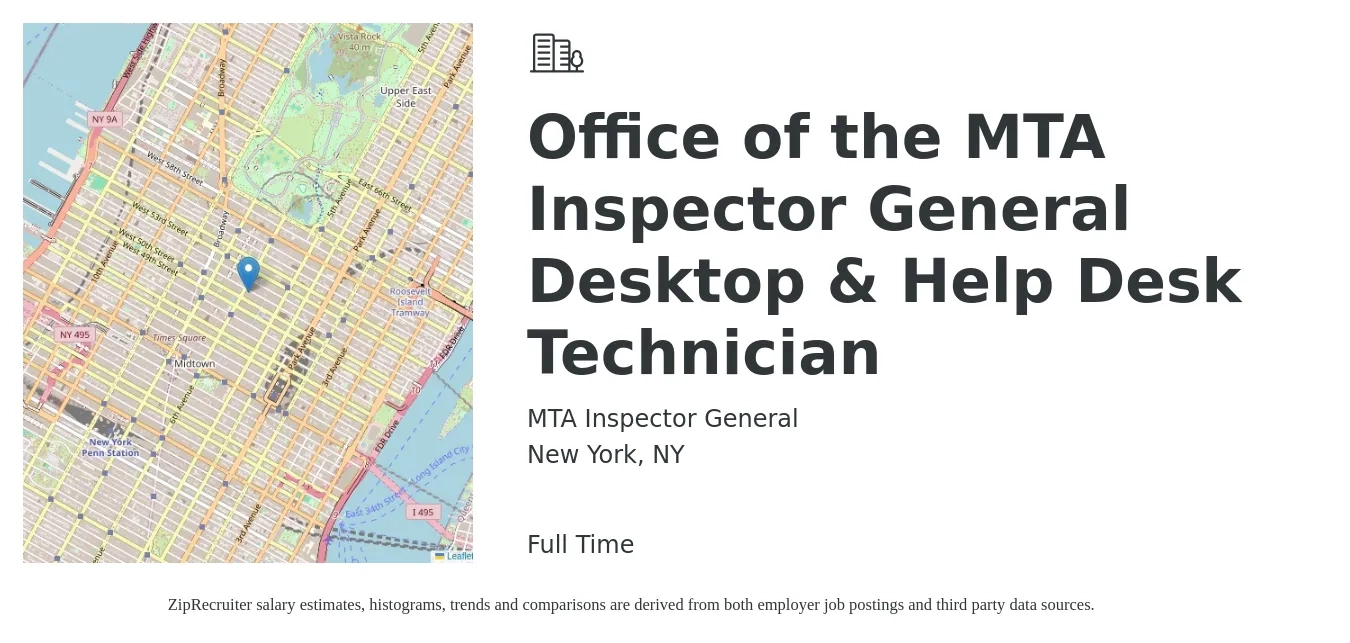 MTA Inspector General job posting for a Office of the MTA Inspector General Desktop & Help Desk Technician in New York, NY with a salary of $65,750 to $82,188 Yearly with a map of New York location.