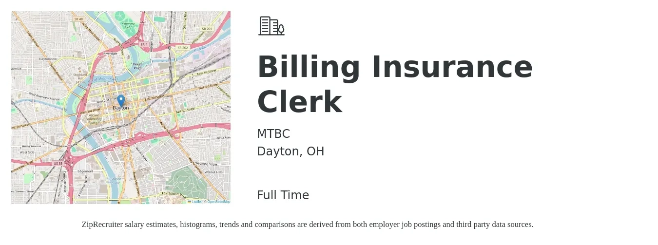MTBC job posting for a Billing Insurance Clerk in Dayton, OH with a salary of $18 to $22 Hourly with a map of Dayton location.