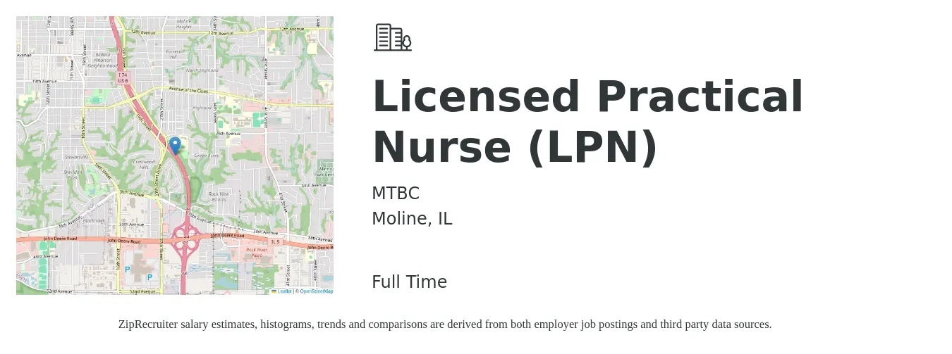 MTBC job posting for a Licensed Practical Nurse (LPN) in Moline, IL with a salary of $16 to $24 Hourly with a map of Moline location.