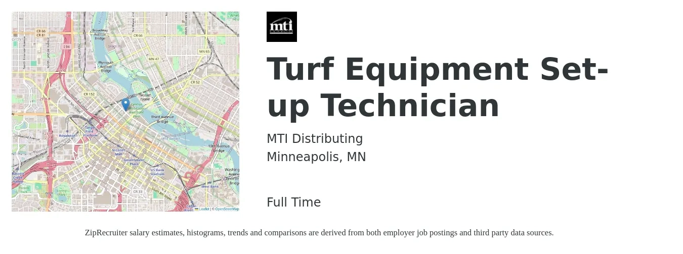 MTI Distributing job posting for a Turf Equipment Set-up Technician in Minneapolis, MN with a salary of $21 to $31 Hourly with a map of Minneapolis location.
