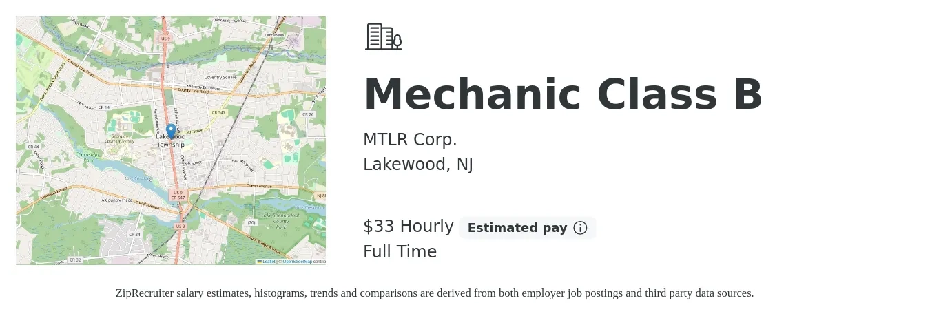 MTLR Corp. job posting for a Mechanic Class B in Lakewood, NJ with a salary of $35 Yearly with a map of Lakewood location.
