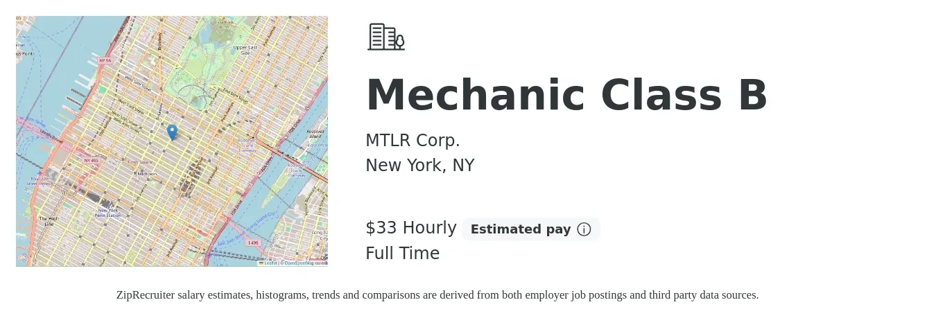 MTLR Corp. job posting for a Mechanic Class B in New York, NY with a salary of $35 Yearly with a map of New York location.