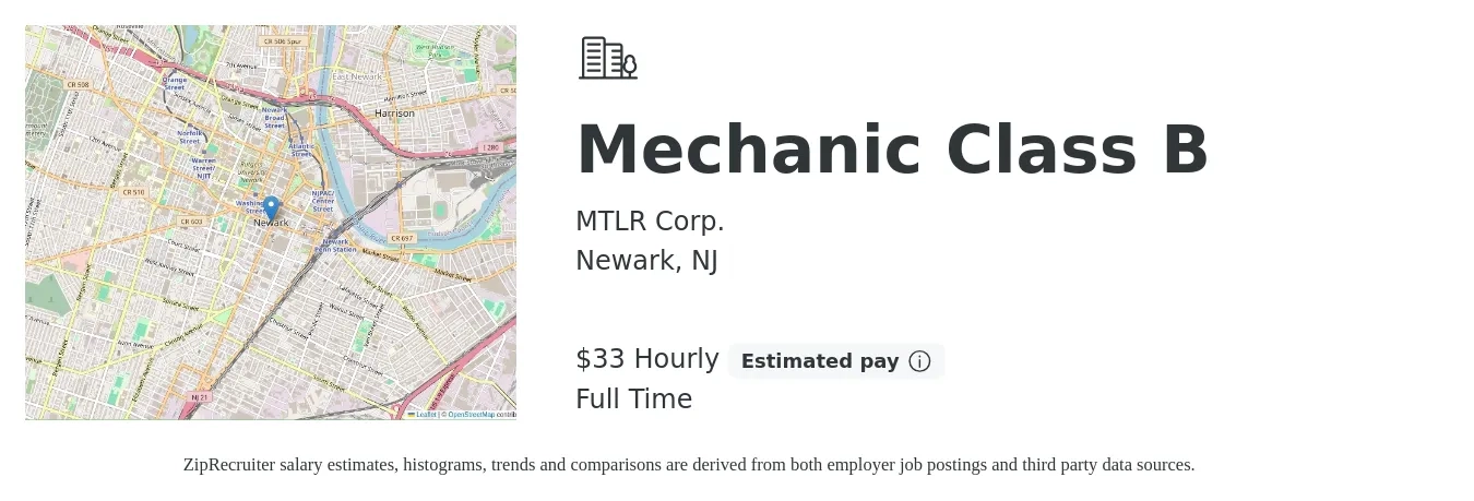 MTLR Corp. job posting for a Mechanic Class B in Newark, NJ with a salary of $35 Yearly with a map of Newark location.