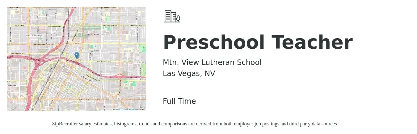 Mtn. View Lutheran School job posting for a Preschool Teacher in Las Vegas, NV with a salary of $14 to $18 Hourly with a map of Las Vegas location.