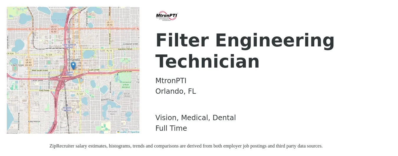 MtronPTI job posting for a Filter Engineering Technician in Orlando, FL with a salary of $43,900 to $67,200 Yearly and benefits including pto, retirement, vision, dental, life_insurance, and medical with a map of Orlando location.