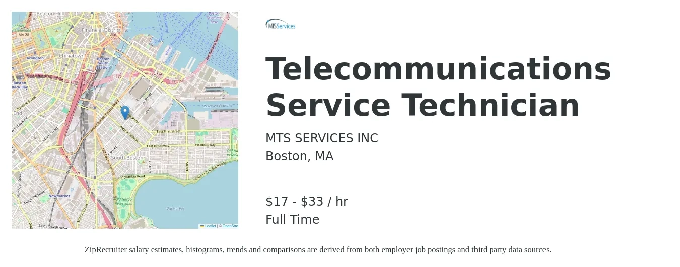 MTS SERVICES INC job posting for a Telecommunications Service Technician in Boston, MA with a salary of $18 to $35 Hourly with a map of Boston location.