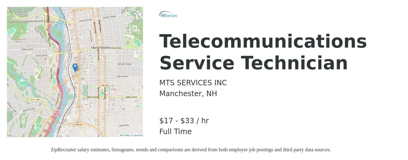 MTS SERVICES INC job posting for a Telecommunications Service Technician in Manchester, NH with a salary of $18 to $35 Hourly with a map of Manchester location.