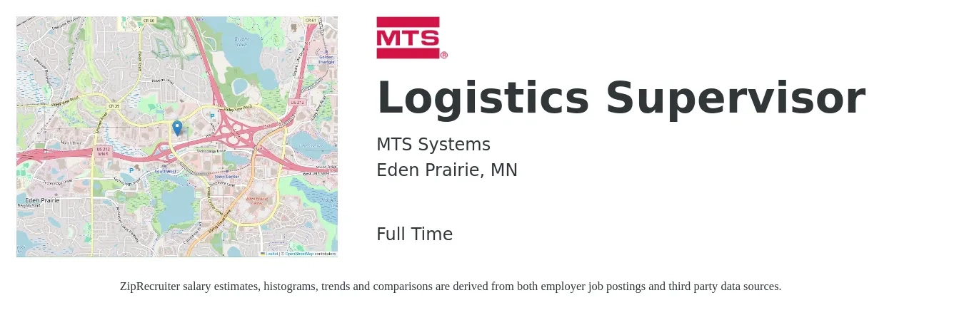 MTS Systems job posting for a Logistics Supervisor in Eden Prairie, MN with a salary of $57,600 to $92,300 Yearly with a map of Eden Prairie location.