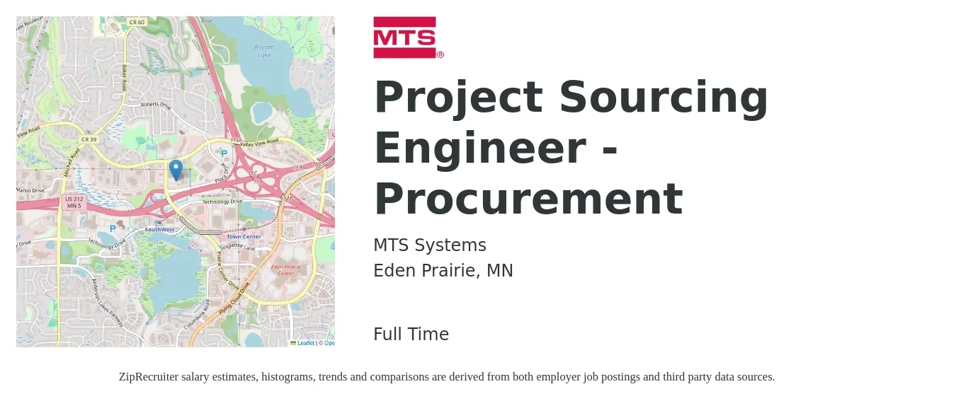 MTS Systems job posting for a Project Sourcing Engineer - Procurement in Eden Prairie, MN with a salary of $35 to $78 Hourly with a map of Eden Prairie location.