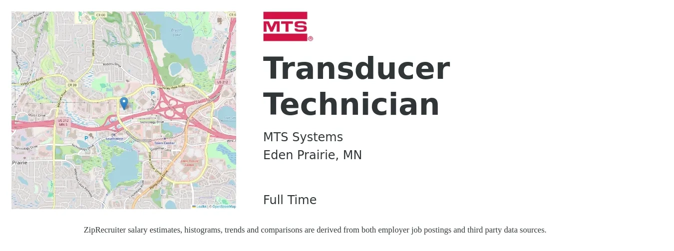 MTS Systems job posting for a Transducer Technician in Eden Prairie, MN with a salary of $47,900 to $73,400 Yearly with a map of Eden Prairie location.
