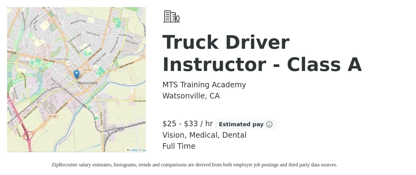 MTS Training Academy job posting for a Truck Driver Instructor - Class A in Watsonville, CA with a salary of $27 to $35 Hourly and benefits including medical, retirement, vision, dental, and life_insurance with a map of Watsonville location.