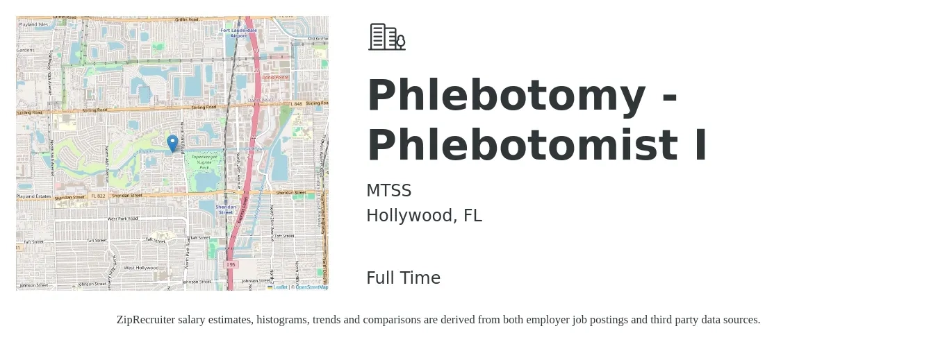 MTSS job posting for a Phlebotomy - Phlebotomist I in Hollywood, FL with a salary of $16 to $20 Hourly with a map of Hollywood location.