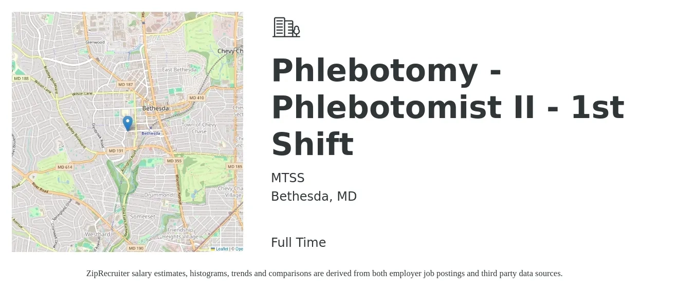 MTSS job posting for a Phlebotomy - Phlebotomist II - 1st Shift in Bethesda, MD with a salary of $18 to $23 Hourly with a map of Bethesda location.