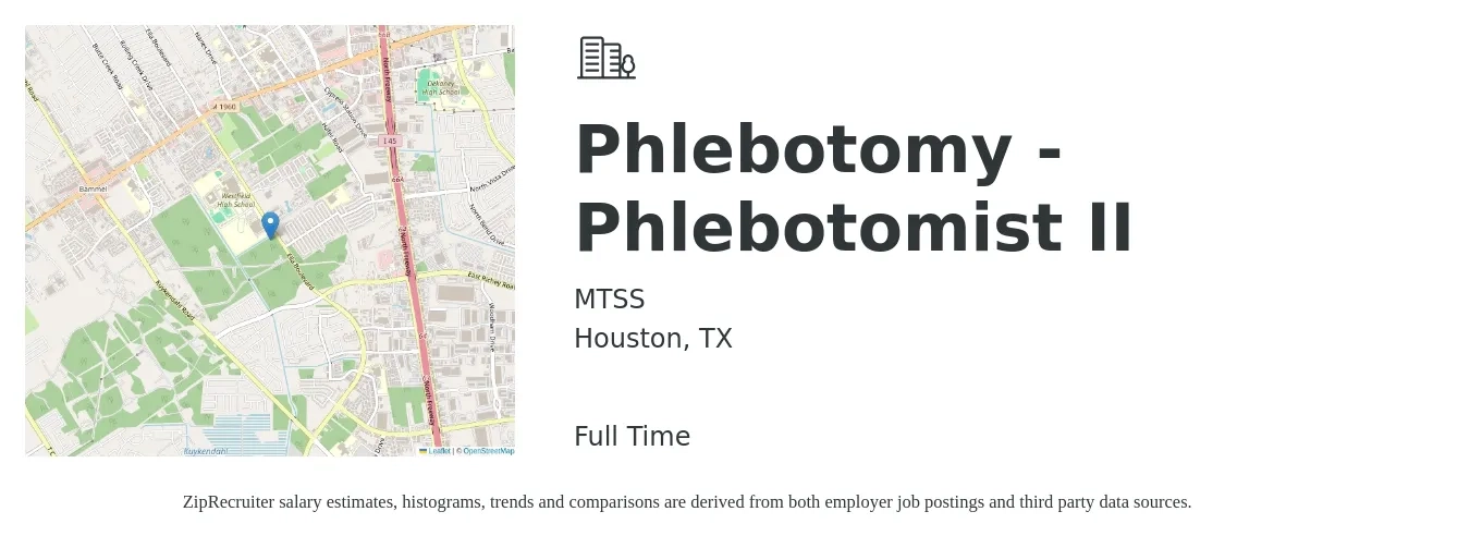 MTSS job posting for a Phlebotomy - Phlebotomist II in Houston, TX with a salary of $15 to $18 Hourly with a map of Houston location.