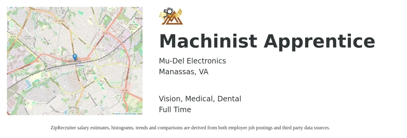 Mu-Del Electronics job posting for a Machinist Apprentice in Manassas, VA with a salary of $18 to $23 Hourly and benefits including pto, retirement, vision, dental, life_insurance, and medical with a map of Manassas location.