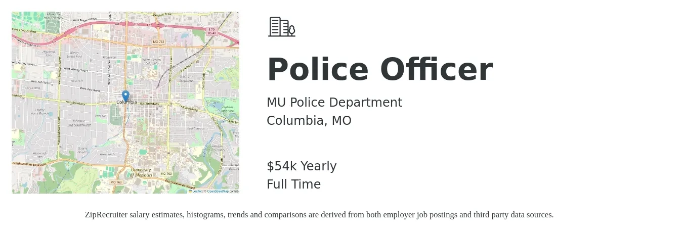 MU Police Department job posting for a Police Officer in Columbia, MO with a salary of $54,080 Yearly with a map of Columbia location.