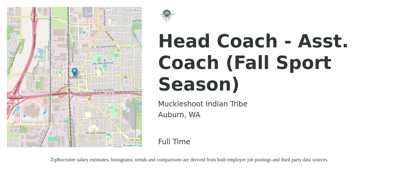 Muckleshoot Indian Tribe job posting for a Head Coach - Asst. Coach (Fall Sport Season) in Auburn, WA with a salary of $47,500 to $69,900 Yearly and benefits including retirement, vision, dental, life_insurance, and medical with a map of Auburn location.