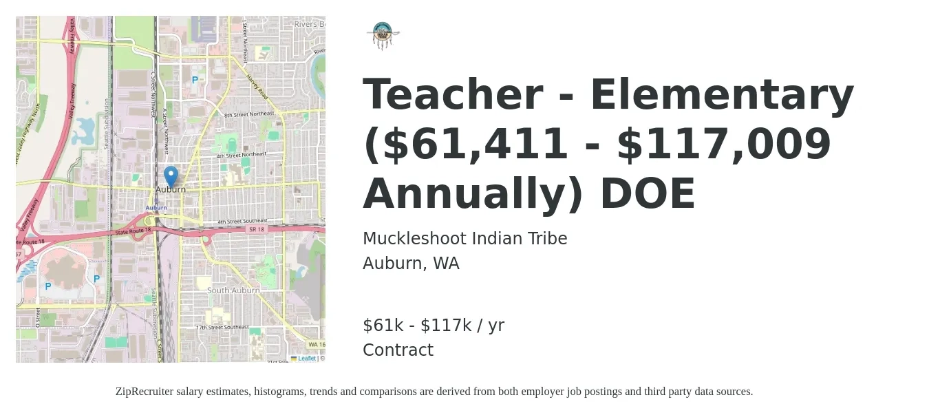 Muckleshoot Indian Tribe job posting for a Teacher - Elementary ($61,411 - $117,009 Annually) DOE in Auburn, WA with a salary of $61,411 to $117,009 Yearly with a map of Auburn location.