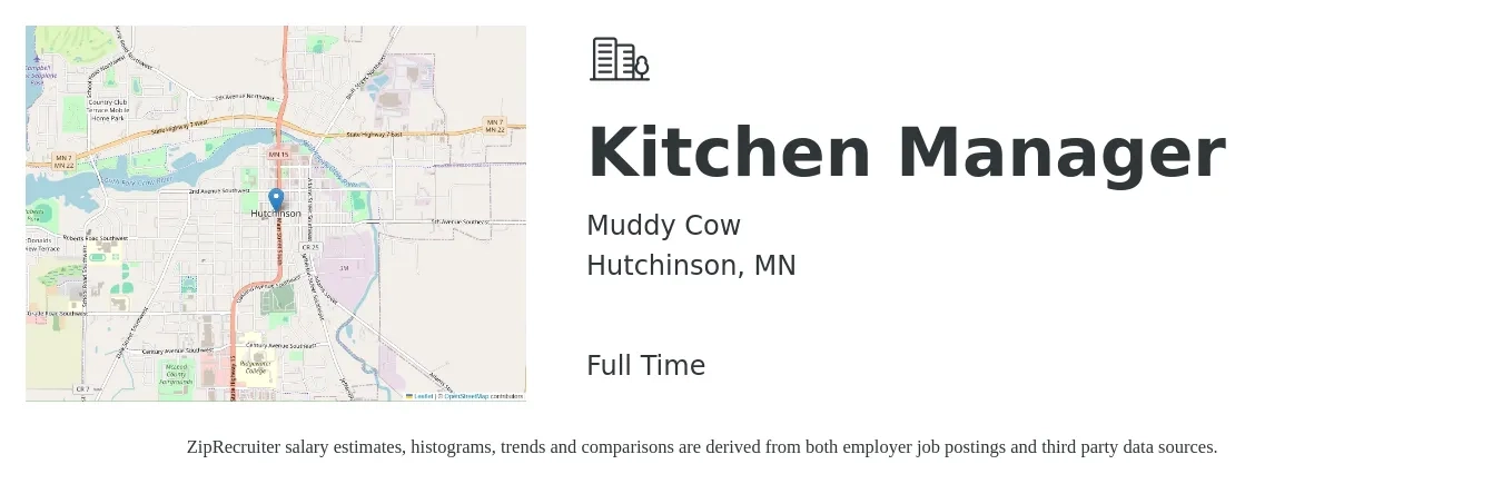 Muddy Cow job posting for a Kitchen Manager in Hutchinson, MN with a salary of $39,700 to $63,700 Yearly with a map of Hutchinson location.