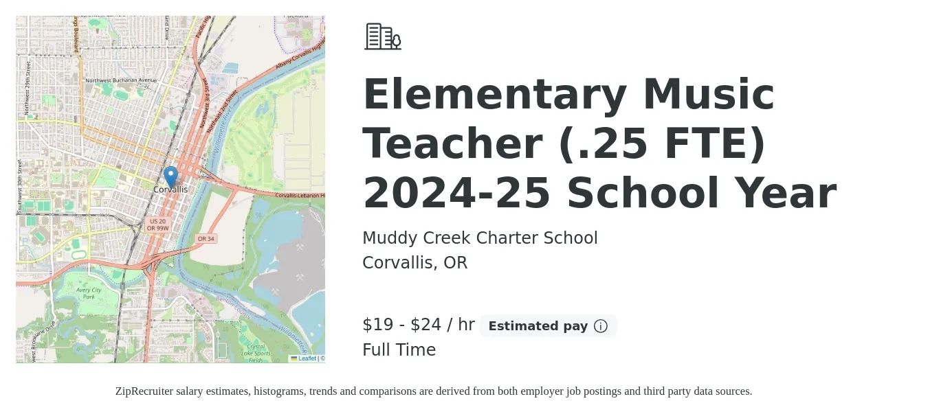 Muddy Creek Charter School job posting for a Elementary Music Teacher (.25 FTE) 2024-25 School Year in Corvallis, OR with a salary of $20 to $25 Hourly with a map of Corvallis location.