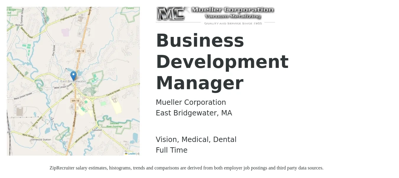 Mueller Corporation job posting for a Business Development Manager in East Bridgewater, MA with a salary of $61,100 to $100,200 Yearly and benefits including dental, medical, retirement, and vision with a map of East Bridgewater location.