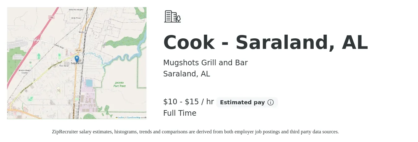 Mugshots Grill and Bar job posting for a Cook - Saraland, AL in Saraland, AL with a salary of $11 to $16 Hourly with a map of Saraland location.